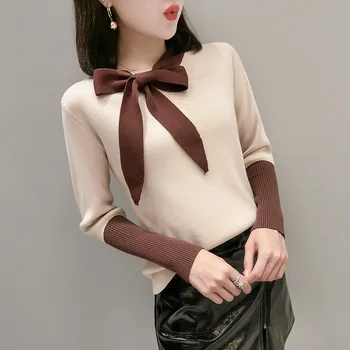 

Contrast Color Korean Bowknot Sweater Women 2019 New Autumn Winter Knitted Sweater Slim Top Pull Femme Bottoming Shirt M99212