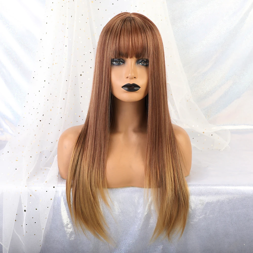 Длинные прямые женские синтетические парики с челкой Омбре коричневый блонд натуральные повседневные парики из натуральных волос для вечеринки термостойкие волокна парики - Цвет: lc223-1