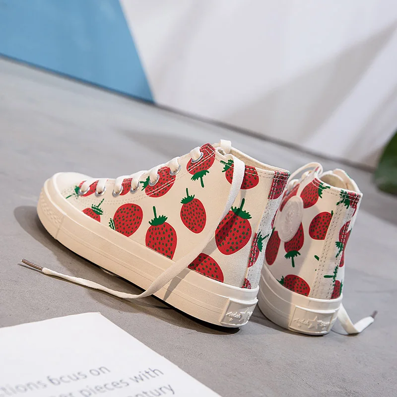 

2019 Spring New Style Strawberry Canvas Shoes Hight-top Super Fire-Style Sports Footwear Students Versatile Korean-style Cloth S