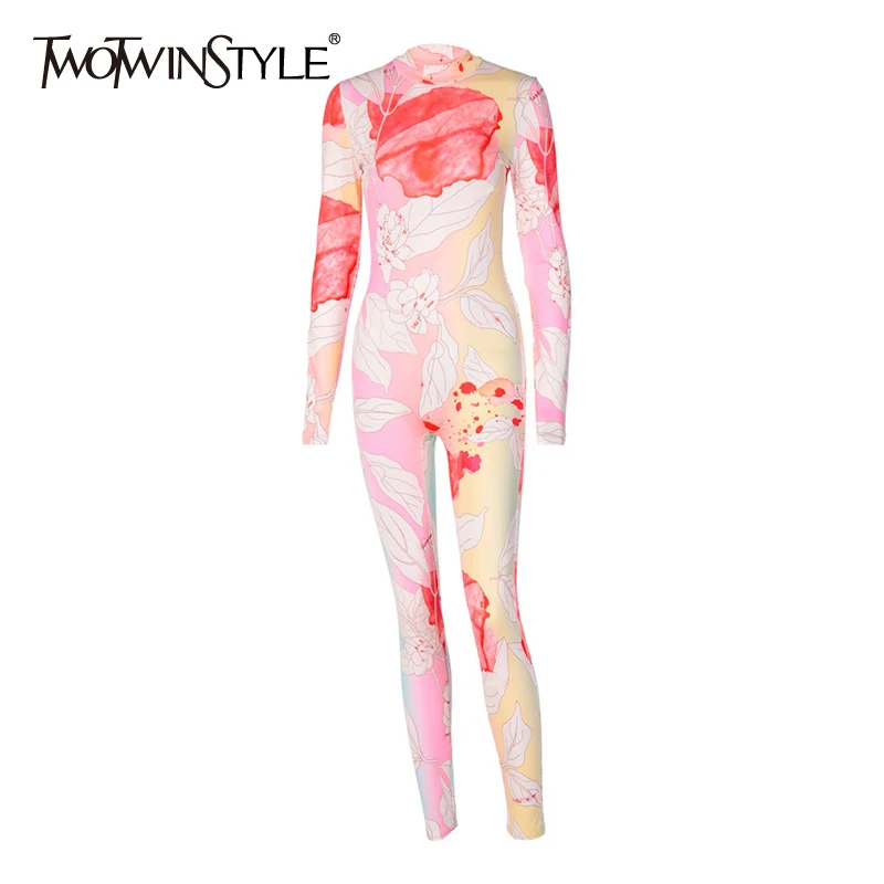 

TWOTWINSTYLE Hit Color Print Jumpsuit For Women O Neck Long Sleeve Full Length Slim Jumpsuits Female 2020 Autumn Fashion New