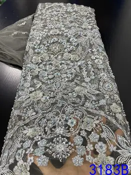 

Luxury Handmade Pearls Lace Fabrics Top Quality 5yards Nigerian Green Lace Fabric 2020 Heavy Beaded Lace Fabric NA3183B-1