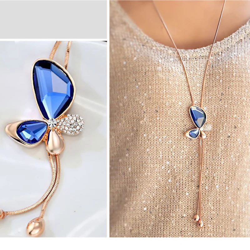 

Women Butterfly Pendant Necklaces Sweater Chain Blue Gem Rhinestone Crystal Necklace Long Tassel Necklace Accessories 367833