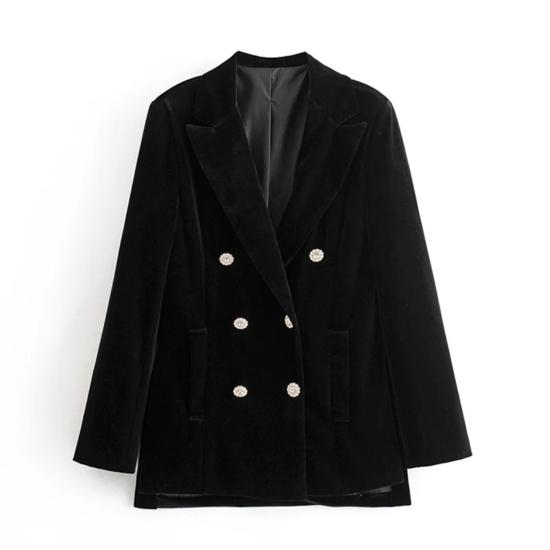 

RR Jewelry Double Breasted Blazers Women Fashion Velvet Notched Jackets Women Elegant Long Sleeve Suits Female Ladies LR