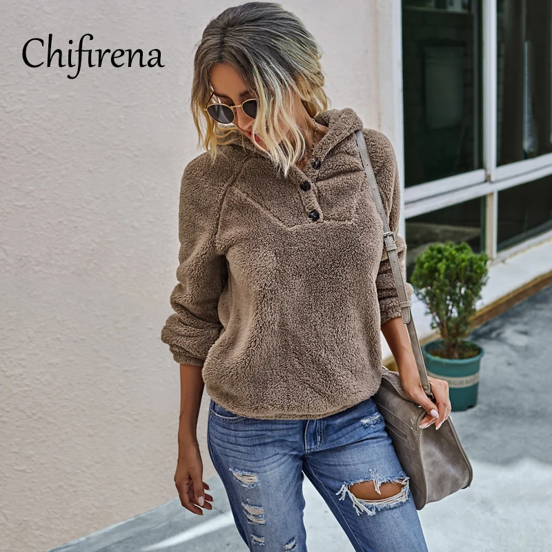 

Chifirena Solid Casual Sweatshirt Women Long Sleeve Pocket Hooded 2020 Autumn Warm Fleece Hoodie Winter Pullovers Loose Hoody
