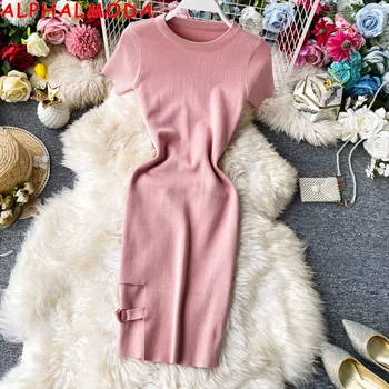 

ALPHALMODA Sexy Slit Slim round Neck Sheath Dress Short Sleeve Pullover Knitted Wrap Hip Step Dress Women Solid Casual Dress