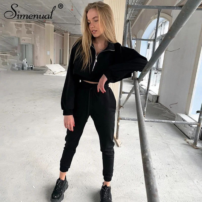 Simenual, повседневный комплект для тренировок, спортивный комплект, однотонный, длинный рукав, одежда для активного отдыха, тренировочные костюмы для женщин, на молнии, облегающий однотонный топ и штаны, комплекты