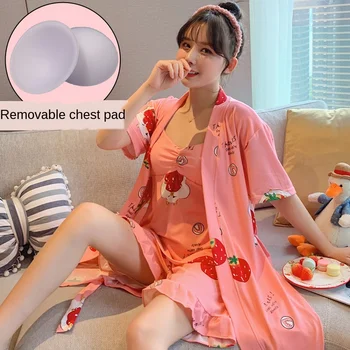 

New 2020 Summer Autumn 3 Pieces Set Cotton Elegant Women Pajamas Set Shorts Sleeve Top Elastic Waist Pants Lounge Sleepwear Set