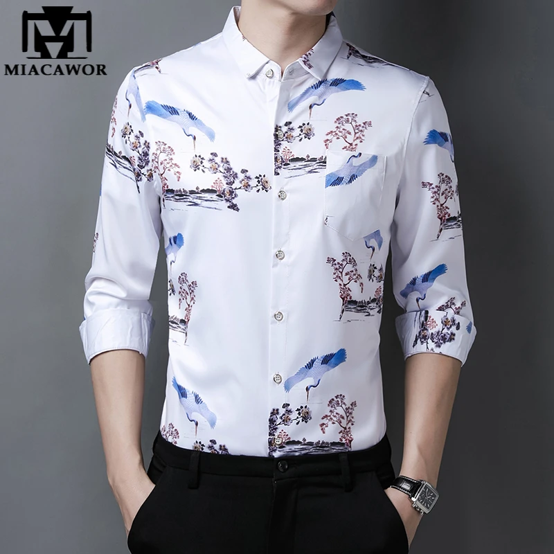 Dress Shirts Shirt Slim Fit Blouse Top Stylish Mens Luxury Long Sleeve Floral