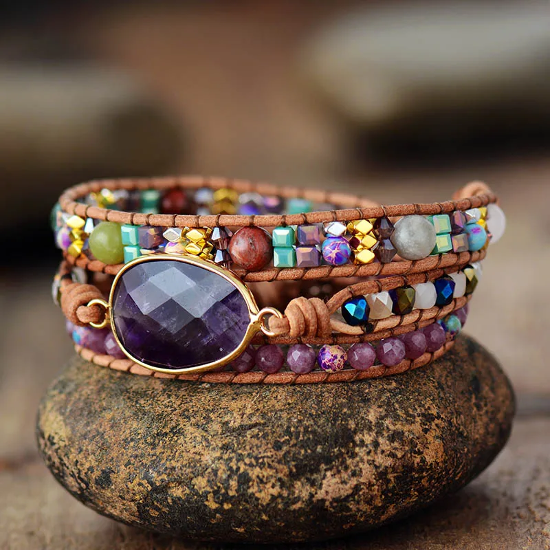 Leather Wrap Bracelets W/ Natural Stone Amethysts Crystals Beaded Triple Statement Art Bracelet Bohemian Jewelry Gifts