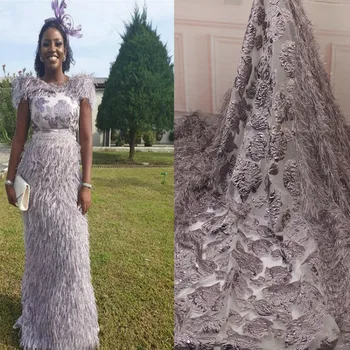

Feather African Brocade Lace Fabric 5Yards Dress Sewing Material Nigeria French Tassel Tull Lace Fabric For Wedding Dress