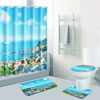 

4Pcs-Bathroom Doormat Waterproof-Beach-Sea-Shower-Curtain-Set-Fabric-w-12-Hooks-Lid-Toilet-Cover-Non-Slip-Pedestal-Rug-Bath-Mat-