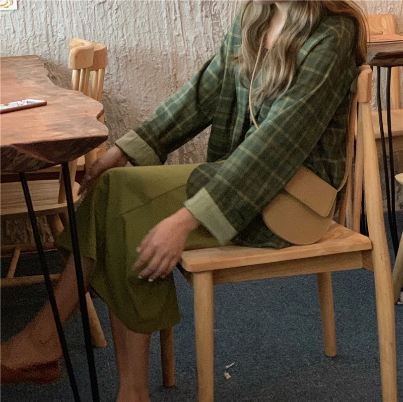 Autumn Clothing Korean-style Retro Plaid Loose-Fit Long Sleeve Suit Jacket+ High-waisted Slit Mid-length Skirt WOMEN'S Suit
