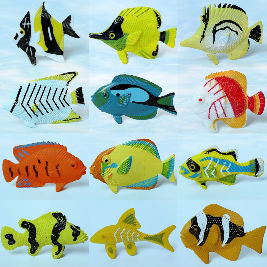 12 Uds surtidos Color y diseño Tropical pescado figura juego de peces de juguete de plástico educación Mini animales juguetes para los niños