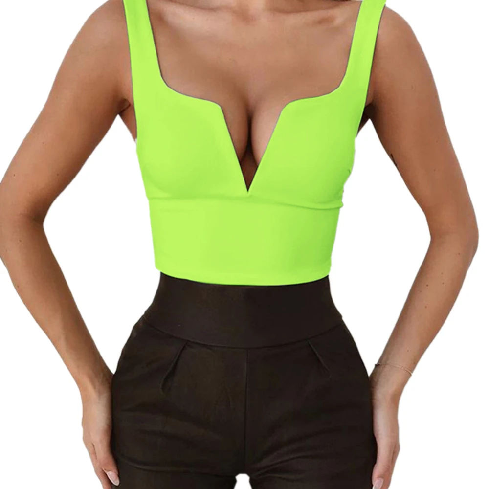 Neon Green Женский сексуальный топ с глубоким v-образным вырезом на молнии без рукавов, однотонный тонкий кроп-топ, боковая Мода - Цвет: Neon Green