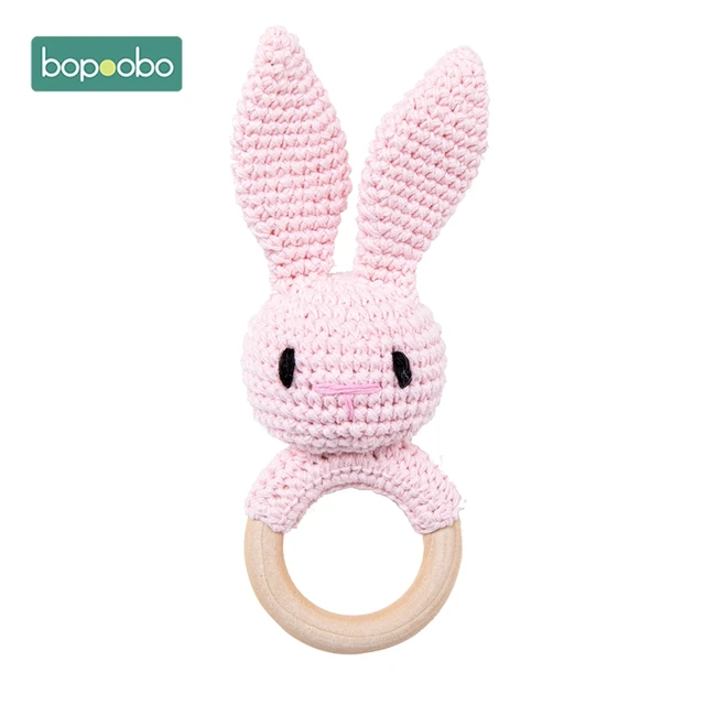 Bopoobo 1pc Baby Rattles Crochet Bunny Rattle Toy Wood Ring Baby Teether Rodent Baby Gym Mobile Rattles Newborn Educational Toys Pink Bunny