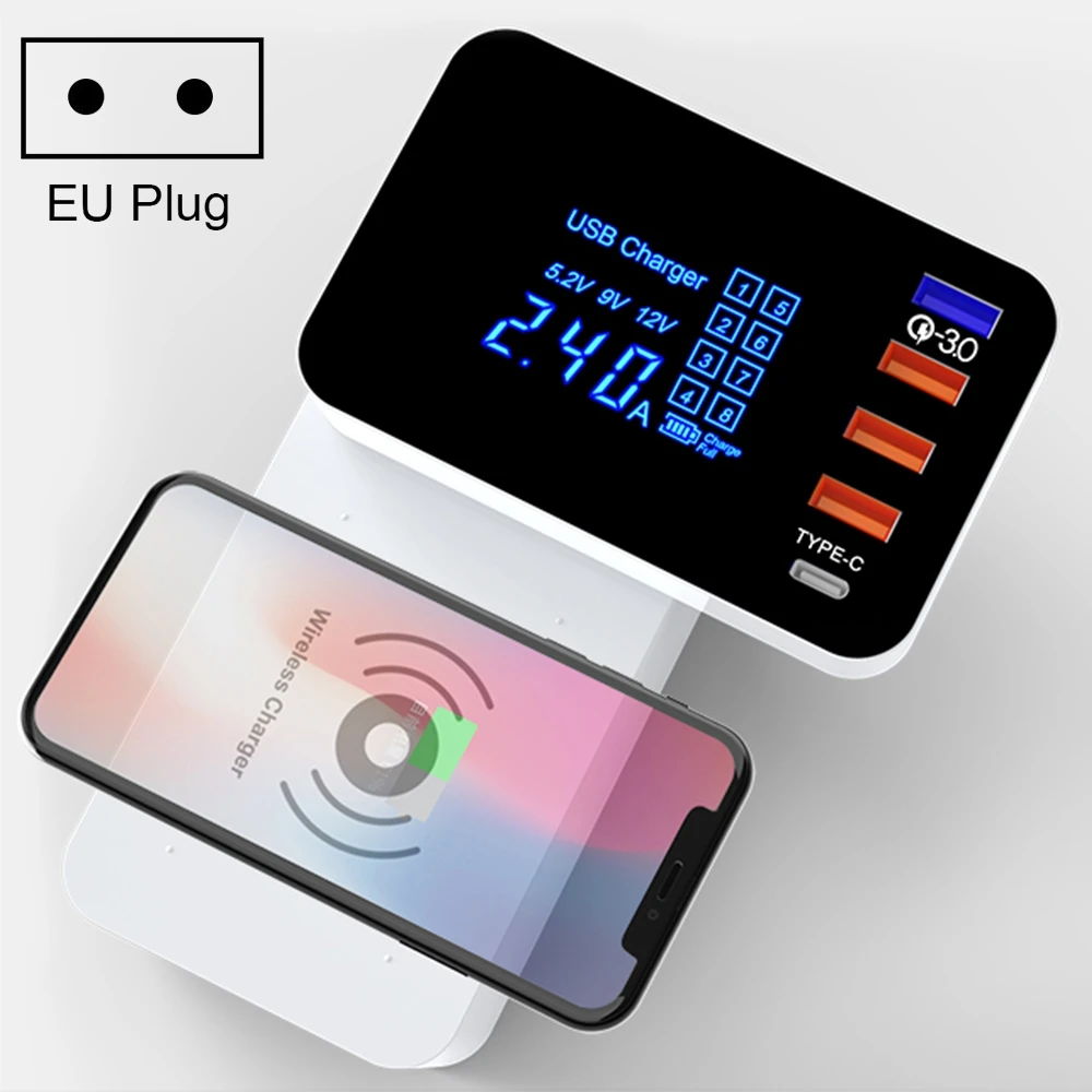 Европейский Союз (ЕС) 40 Вт QC 3,0 usb порты+ 3 usb порта+ USB-C/type-C порты+ Беспроводная зарядка многофункциональное складное зарядное устройство с светодиодный дисплеем - Тип штекера: Европейский Союз (ЕС)
