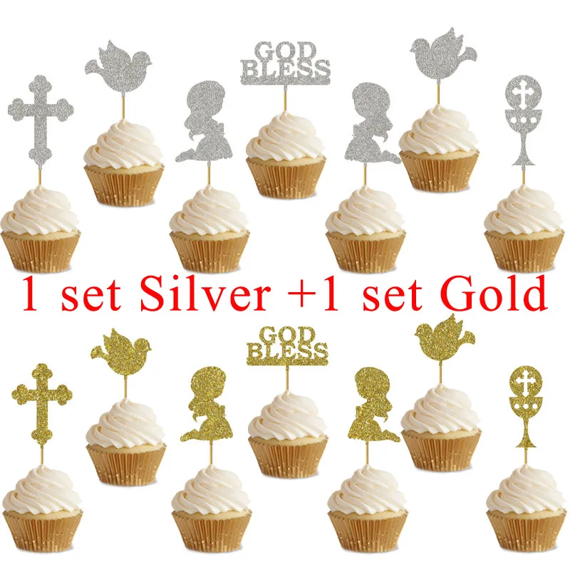 2Girls Gold-Silver 2 комплекта Primera Comunión милые для торта топы для мальчиков и девочек молитва Бог благословит для детей Первое Святое Причастие вечерние украшения для торта - Цвет: 2Girls Gold-Silver