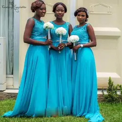 Голубое длинное платье подружки невесты с кружевной аппликацией, расшитое бисером, на молнии сзади, шифоновое ТРАПЕЦИЕВИДНОЕ свадебное