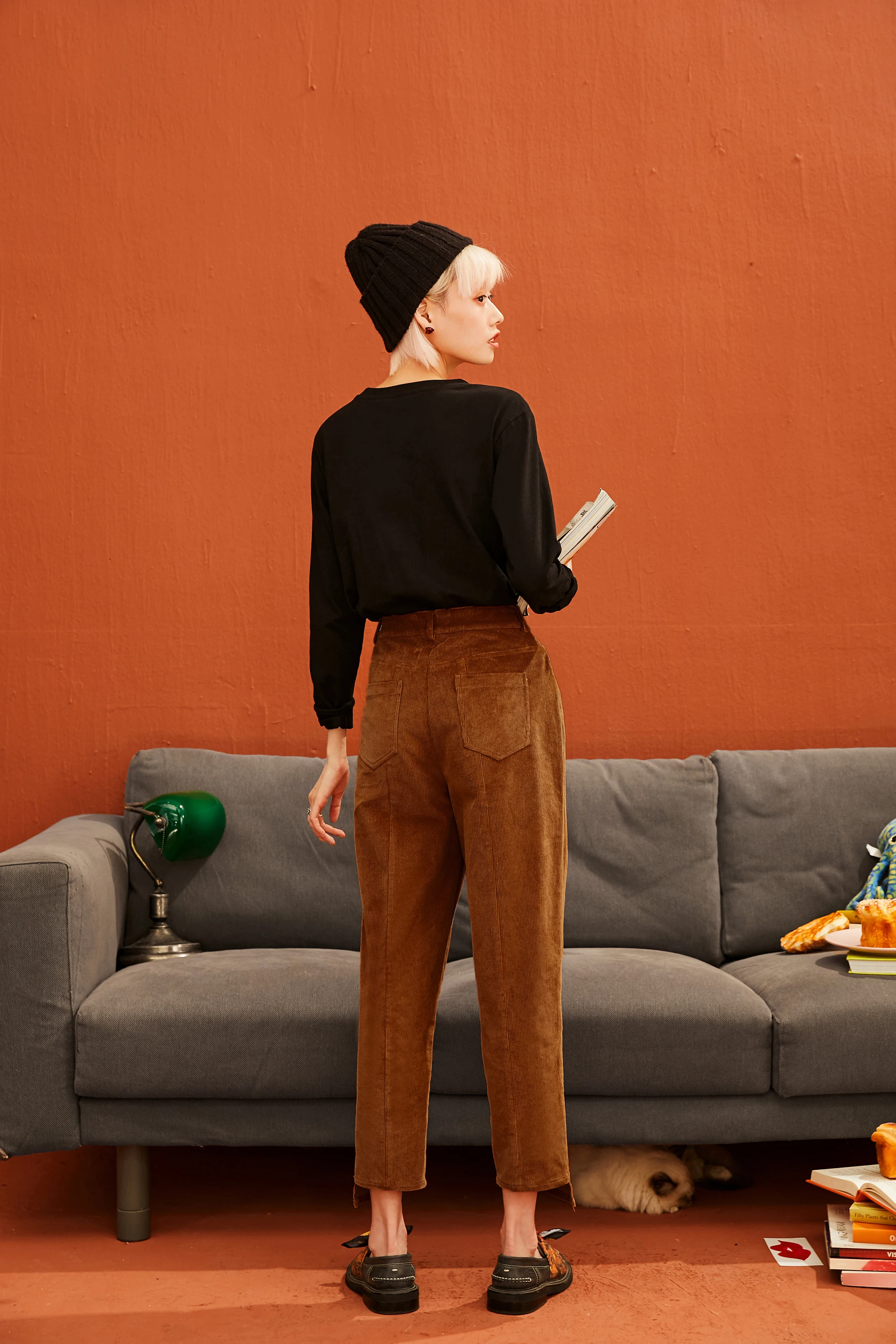 SAM'S TREE Solid Corduroy Straight Casual Women Harem Pants Winter Mid Waist Irregular Leg Office Ladies Daily Trousers