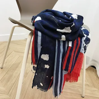 

2019 new luxury brand cotton hemp scarf women's winter Navy leopard Stripe Scarf long Cape