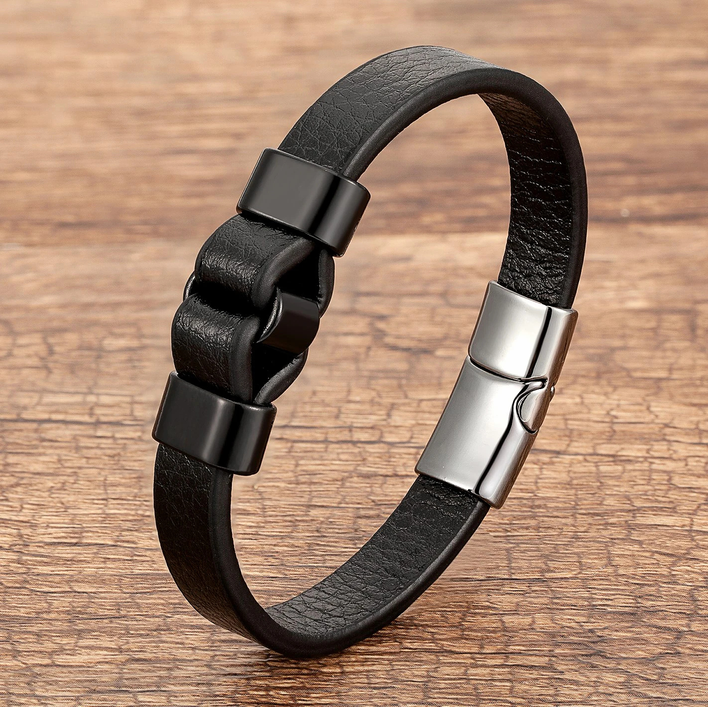 Genuine Leather Men Bracelet Charm Black Gold Color Magnetic Clasp Vintage Bangles Men's Jewelry bracelet jewelry