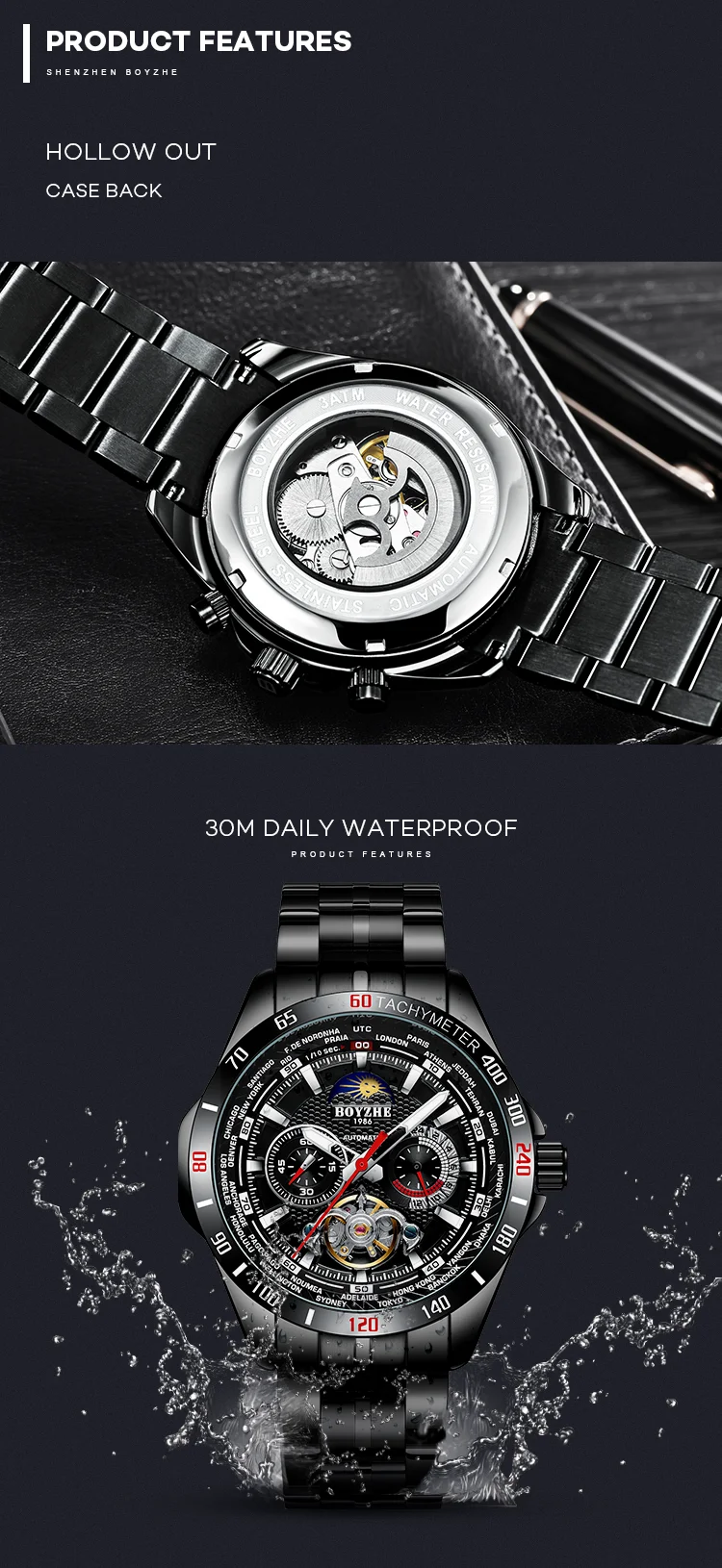 Роскошные мужские автоматические механические Военные часы Tourbillon Moon Phase из нержавеющей стали мужские часы s relogio masculino BOYZHE