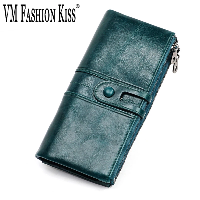 VM Модный женский кошелек для мобильного телефона из натуральной кожи KISS Oil Wax, винтажные женские длинные кошельки и кошельки, клатч, дорожный держатель для карт
