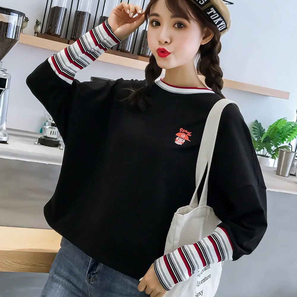 

Korean Stripe Fake Two Piece T Shirt Cartoon Letter Embroidery Top Tee 2019 Long Sleeve O-neck T-shirt Women Causal T Shirts