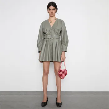 

2020 Spring New V Neck Faux PU Leather Dress For Women Streetwear With belt Vestido Autumn Single-breasted Mini Dress Ropa mujer