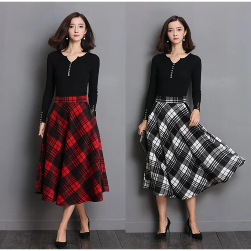 High Waist A Line Women Long Skirt Plus Size 4XL England Plaid Woolen Ladies Skirts Woolen Pleated Tartan Female Bottom