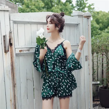

Women 3PCS Pajamas Suit Green Feather Print Satin Sexy V-Neck Strap Top&Shorts With Bra Casual Home Clothes Lace Trim Sleepwear