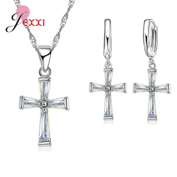 

Fashion Trendy Gift S925 Sterling Silver Necklace Earrings Pendant Chain Necklace Cubic Zircon Religious Cross Jewelry Sets
