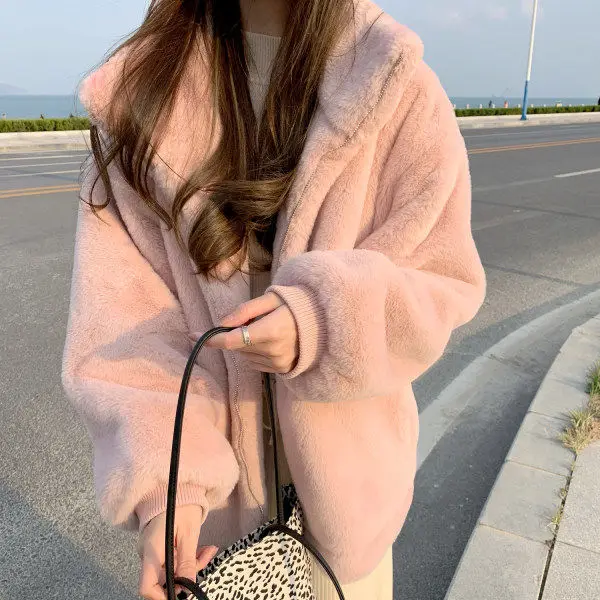 

Women's Lamb Wool Coat Solid Color Turn-down Collar Zipper Plush Thicken Warm Tops Wholesale 2021 New FashionLady Clothing