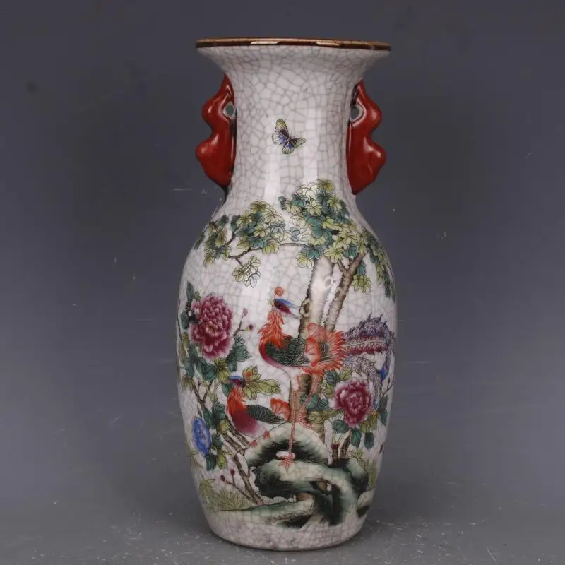 

9.6"rare China Porcelain Qing Qianlong Famille Rose Caragana Lines Binaural Vase Desk Decoration Home Decor Collection Ornaments