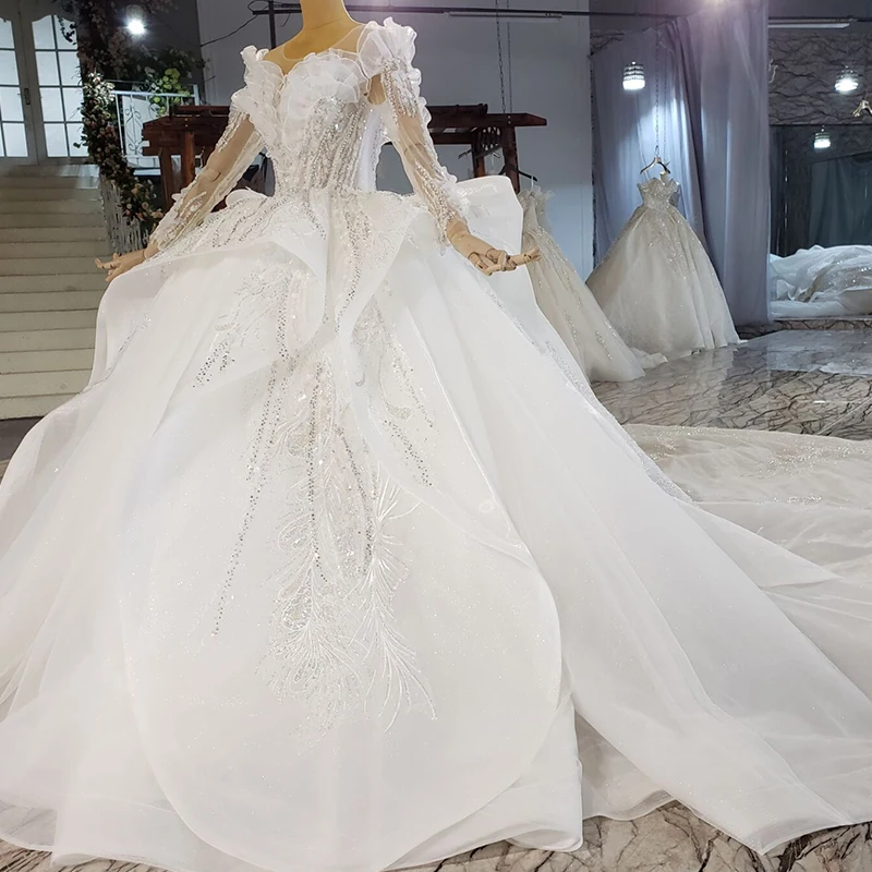 HTL2216 ball gown luxury wedding dress long train plus size wedding dresses with sleeves lace 2021 vestido noiva plus size 4