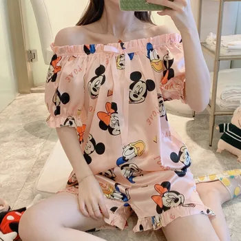 

2020 Cute Cartoon Mickey Print Slash Neck Pyjamas Pjs Women Sets Indoor Clothing Home Pajamas Shorts Woman Pijama Mujer Femme