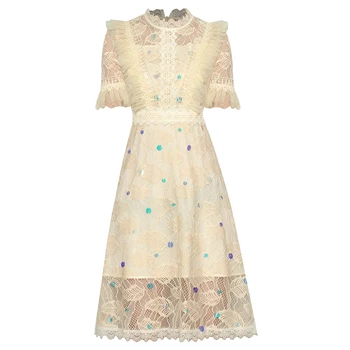 

HIGH QUALITY Newest Fashion 2020 Runway Dress Women's Stand Collar Petal Sleeve Beading Lace Sequined Gauze Dresss