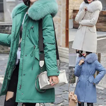 

Women Winter Faux Fur Collar Waist Tight Zipper Warm Parka Coat 2019 Fashionable Hight Quality Female New Winter Collection