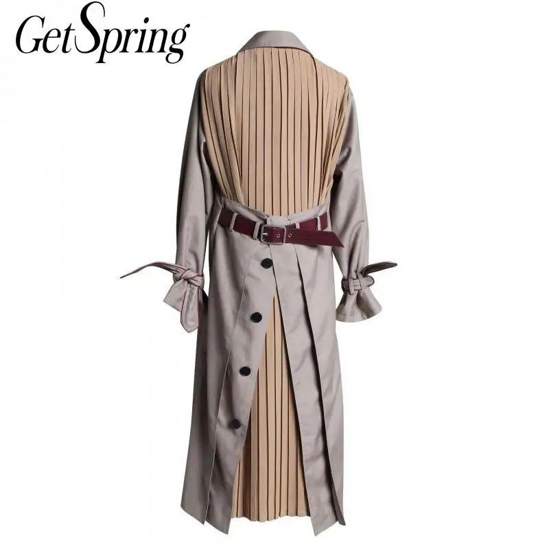 

GetSpring Women Trench Coat Long Sleeve Single Breasted Women Windbreaker Back Pleated Spliced Long Overcoat Women Long Coat New