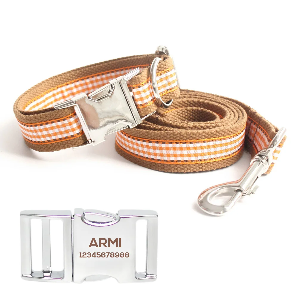 

Handmade Cotton Dog Collar Leads Combination Plaid Engraving Collar Leadses For Dog 6045008 Pet Accessories Supplies