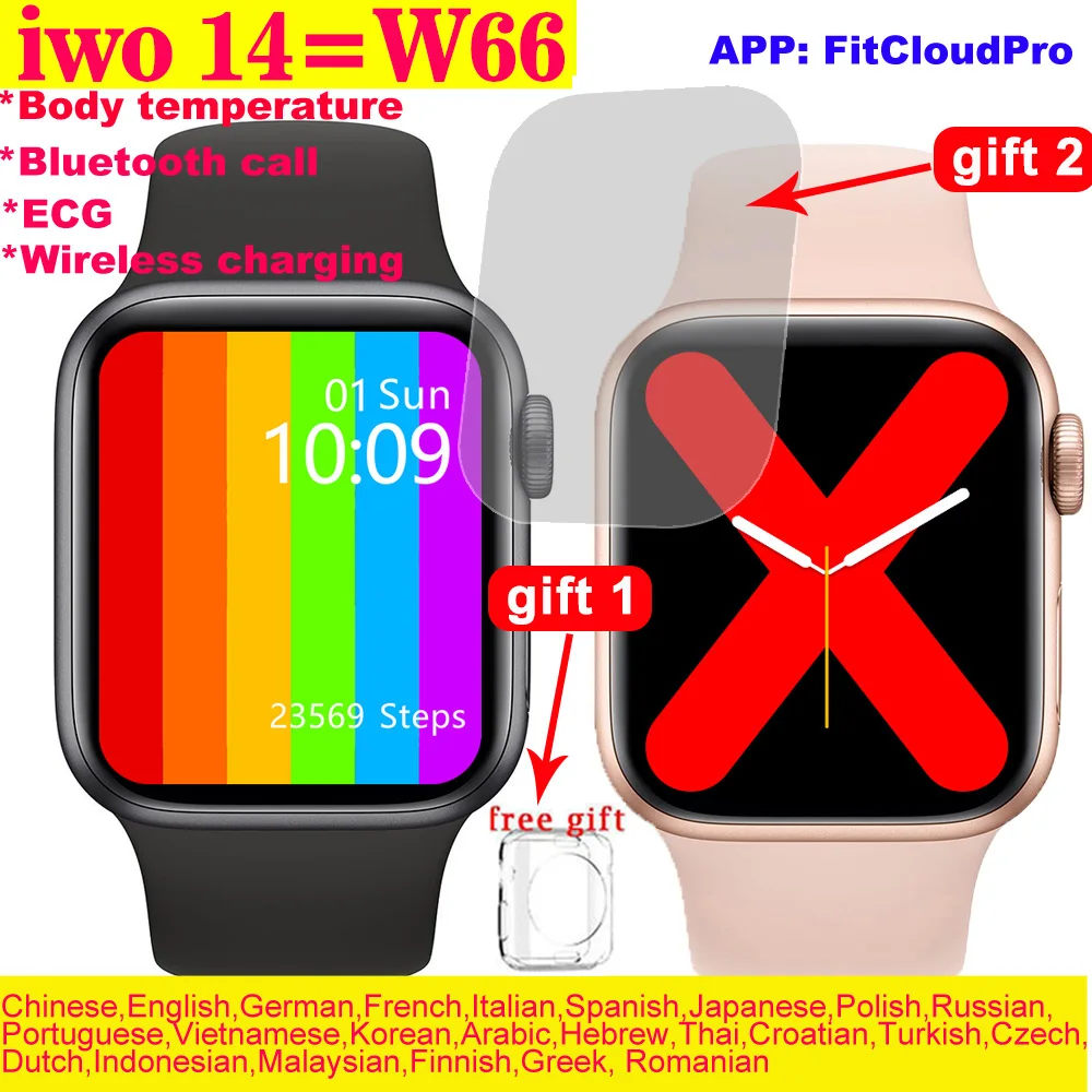 Reloj inteligente IWO 14 W66 para hombre y mujer, reloj inteligente con Bluetooth, llamada, medidor de frecuencia cardíaca, para hacer perodo femenino, presión arterial VS W56 W46