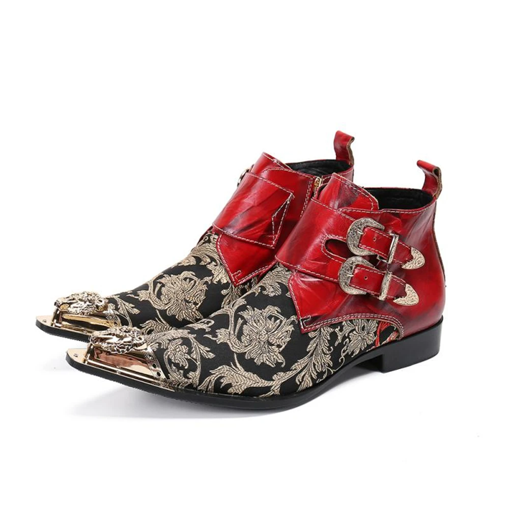 Men Genuine Leather Ankle Boots Western Short Boots Motorcycle Botas Hombre Italy Red Pointed Toe Party Wedding Shoes