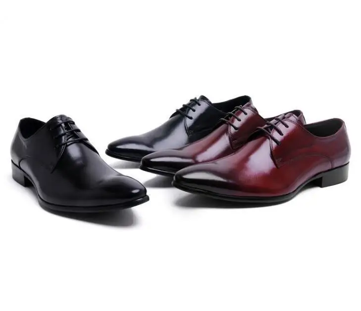 

Fashion Mens Dress Shoes Genuine Leather pointed Toe Classic Men Formal oxford Business Flat lace-up wedding shoes red black