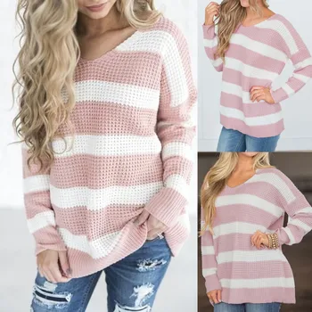 

2019 Womens Fashion Casual Plus Size Women O-Neck Long Sleeve Stripe Patchwork Tops Sweater