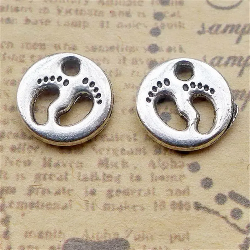 

200Pcs/lot Antique Silver Footprint Charms 11*11MM Round Charms for Handmade Jewelry Souvenir