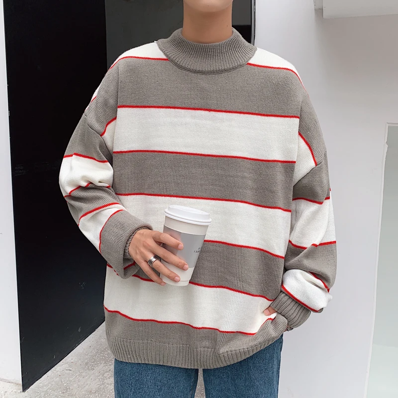 LAPPSTER мужской зимний свитер Harajuku в полоску пуловер корейский модный осенний свитер Harajuku уличная негабаритная свитера - Цвет: Coffee