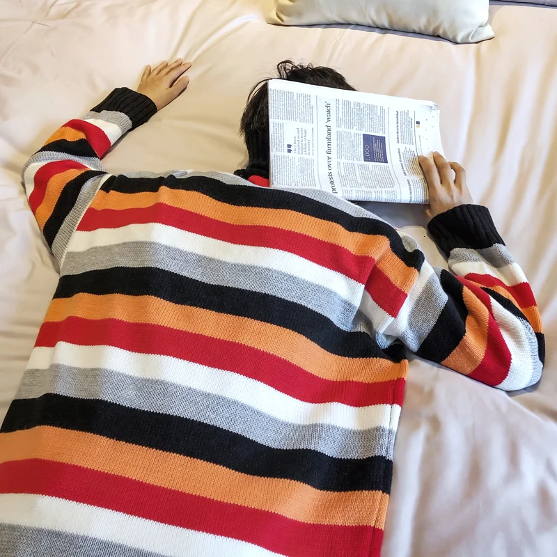 Winter High Collar Sweater Men Warm Fashion Contrast Color Casual Striped Knit Sweater Man Sweter Loose Long Sleeve Pullover Men Winter High Collar Sweater Men Warm Fashion Contrast Color Casual Striped Knit Sweater Man Sweter Loose Long Sleeve Pullover Men
