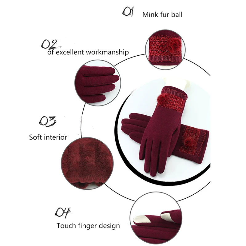 Женские перчатки: теплые плюшевые винно-красные перчатки осенью и зимой; уличные перчатки для верховой езды; перчатки для вождения с сенсорным экраном