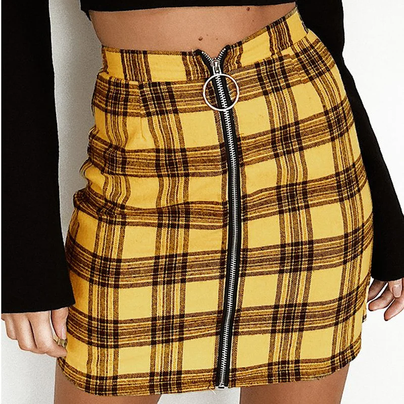 

Spring Summer Vintage Mini Skirt Women Plaid Short Skirt Office Lady Club Party Casual Skirt Sexy Metal Ring Zipper Pencil Skirt