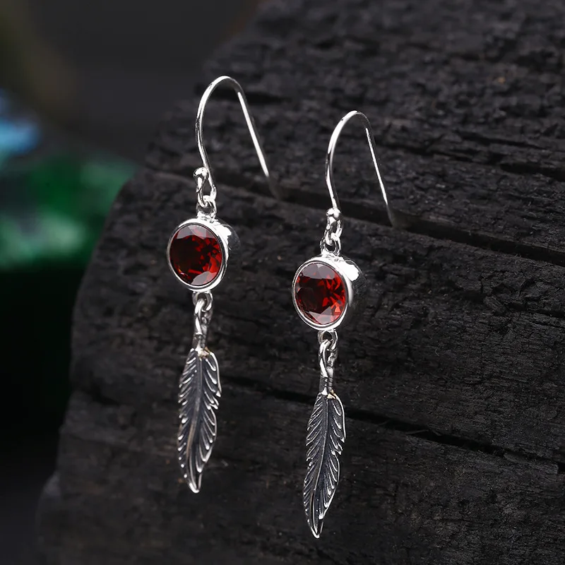 

Silver Natural Garnet Tassel Earrings female feathers original design retro Thai silver style earrings earrings
